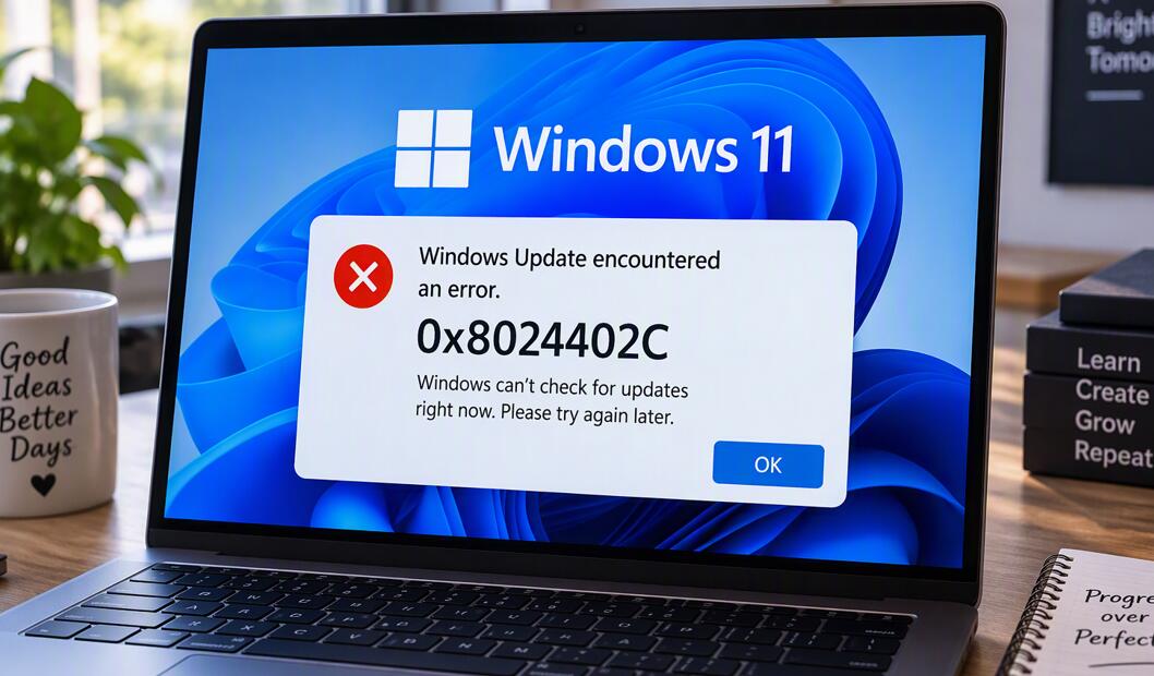 A Windows 11 laptop appears 0x8024402C error