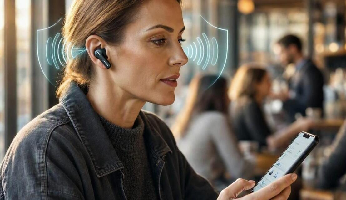 A woman makes call on earbuds