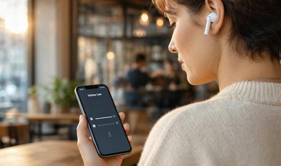 A lady tries to turn up the volume on her earphones using her phone.
