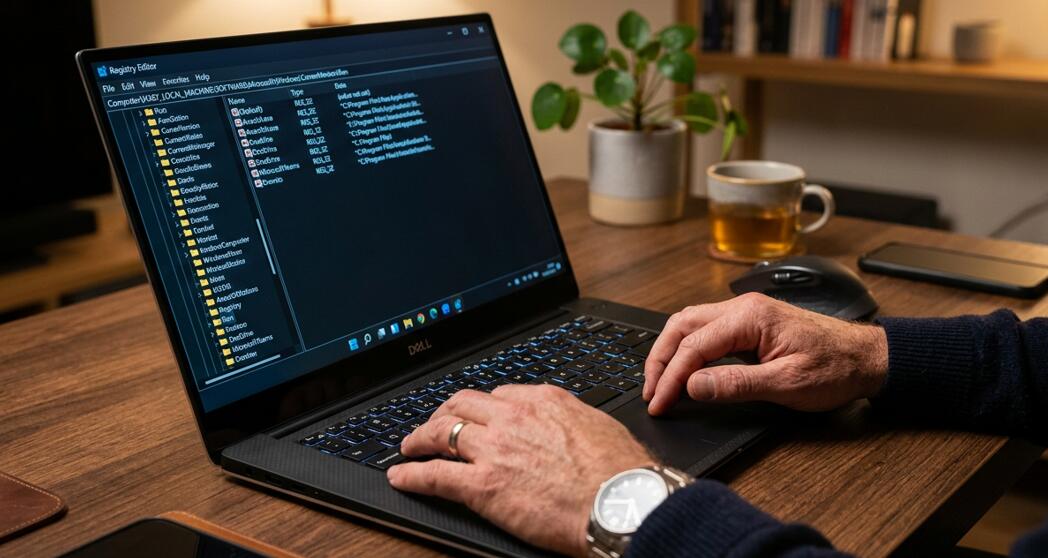 A man checks registry keys in a laptop