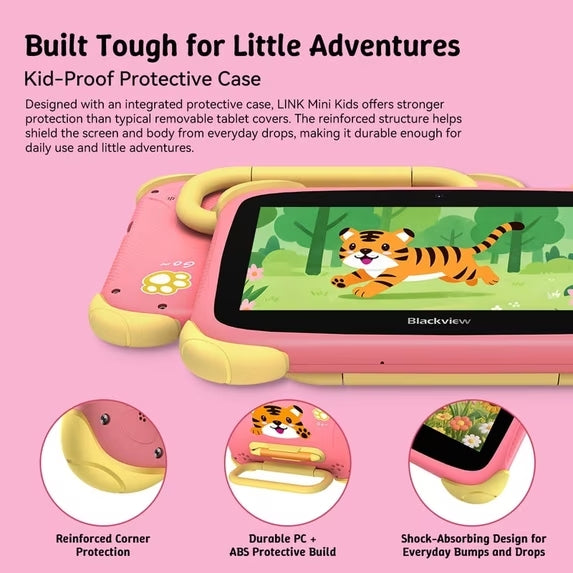 Blackview LINK Lite Kids 7 Inch IPS Educational Tablet, Android 11 Quad-Core, 2GB RAM 32GB ROM Up to 6GB Expand, WiFi Bluetooth GPS, Parental Controls, 3000mAh Battery, Protective Case, Pink