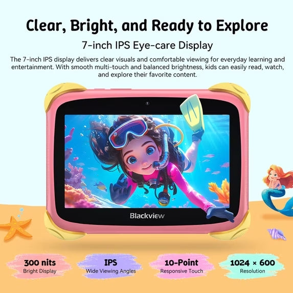 Blackview LINK Lite Kids 7 tommer IPS uddannelsestablet, Android 11 Quad-Core, 2GB RAM 32GB ROM op til 6GB udvidelse, WiFi Bluetooth GPS, forældrekontrol, 3000mAh batteri, beskyttelsesetui, pink