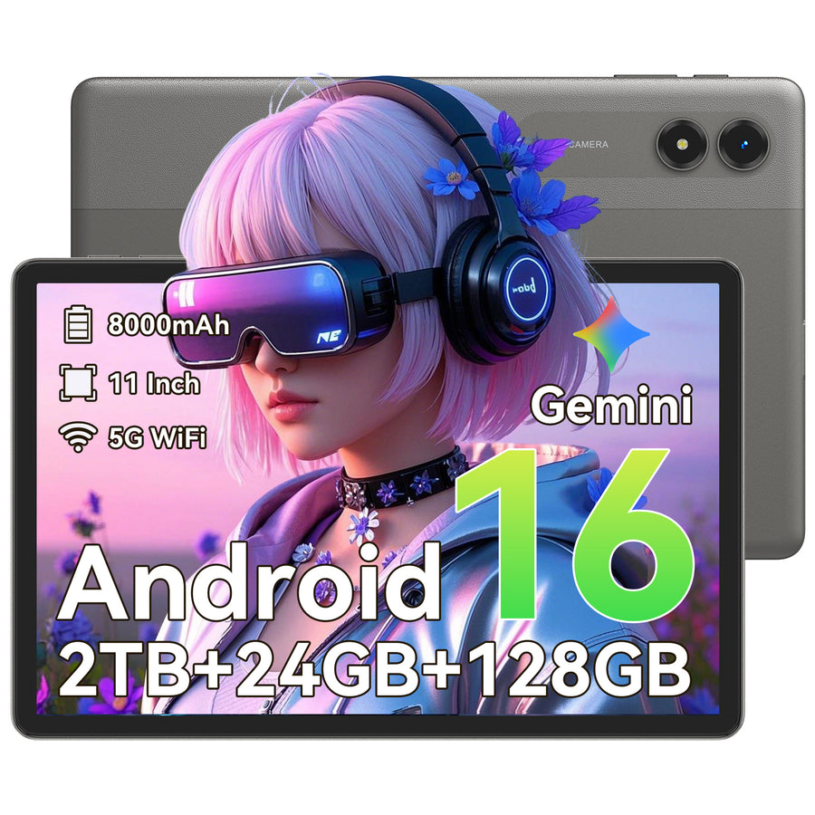 Tablet Android 16 AI, tablet da 11 pollici con 24GB di RAM e 128GB di ROM, processore Octa-Core T7250, display a 90Hz, batteria da 8000mAh con ricarica rapida e ricarica inversa OTG, tablet Gemini AI.