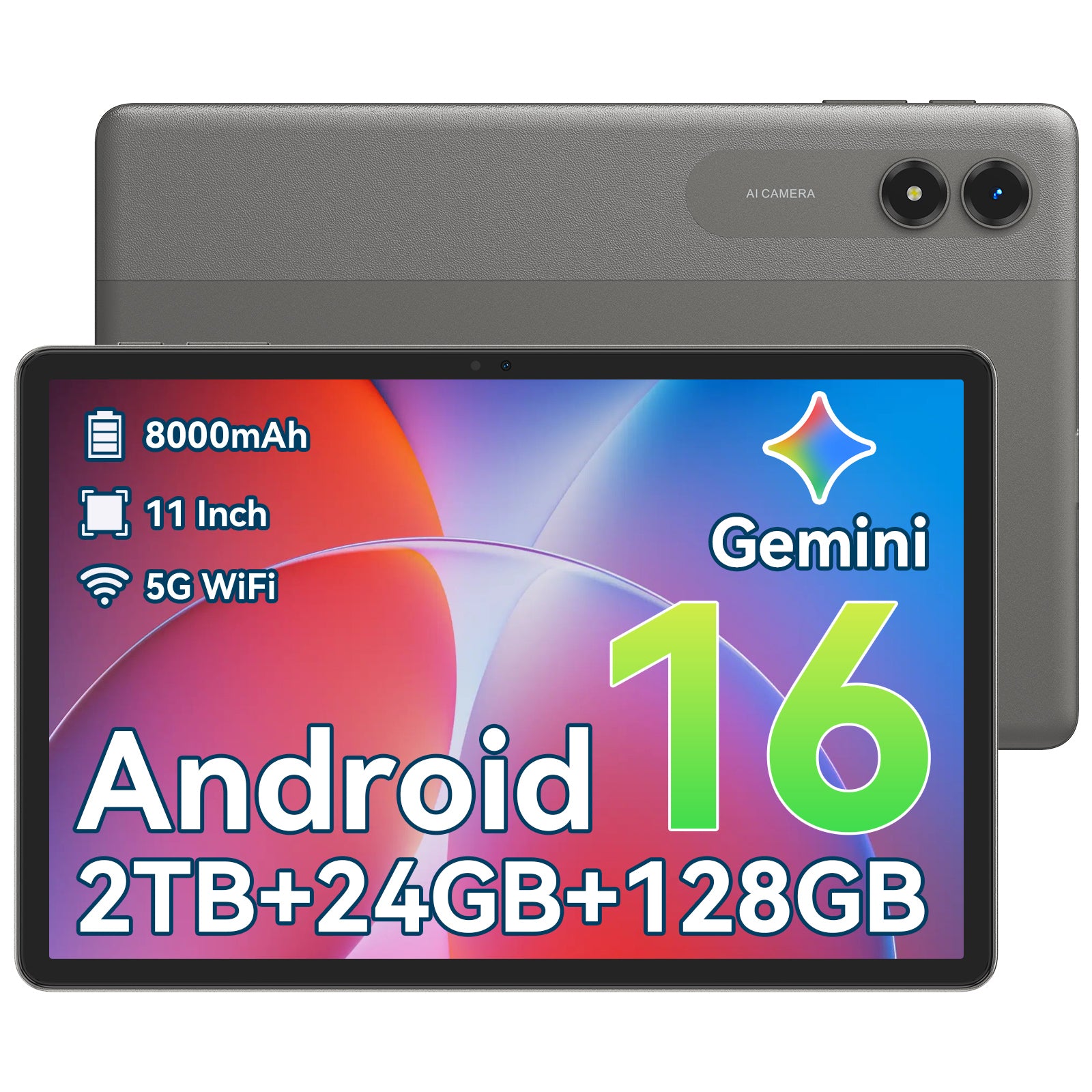 Android 16 AI Tablet,11 Inch Tablet with 24GB RAM 128GB ROM,Octa-Core T7250 Processor,90Hz Display,8000mAh Battery with Fast Charging & OTG Reverse Charge,Gemini AI Tablets