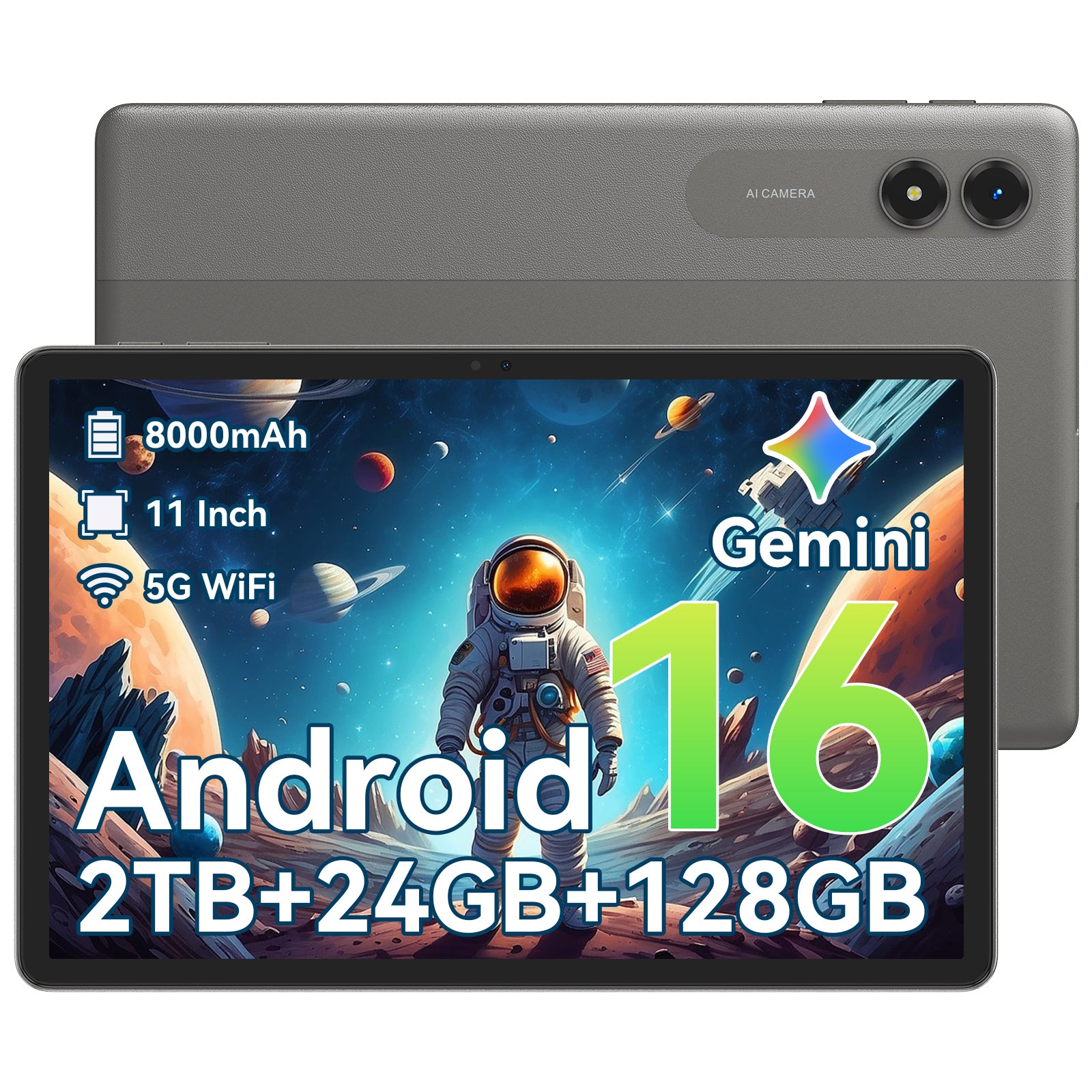 Android 16 AI Tablet,11 Inch Tablet with 24GB RAM 128GB ROM,Octa-Core T7250 Processor,90Hz Display,8000mAh Battery with Fast Charging & OTG Reverse Charge,Gemini AI Tablets