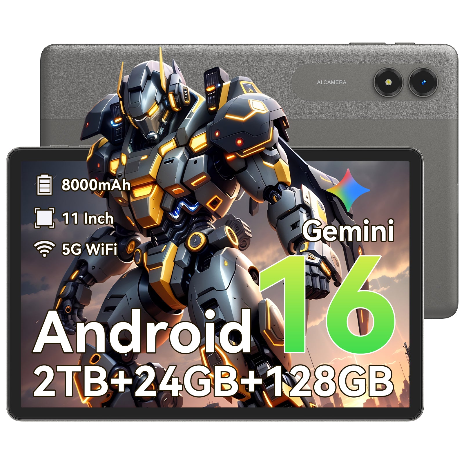Android 16 AI Tablet,11 Inch Tablet with 24GB RAM 128GB ROM,Octa-Core T7250 Processor,90Hz Display,8000mAh Battery with Fast Charging & OTG Reverse Charge,Gemini AI Tablets