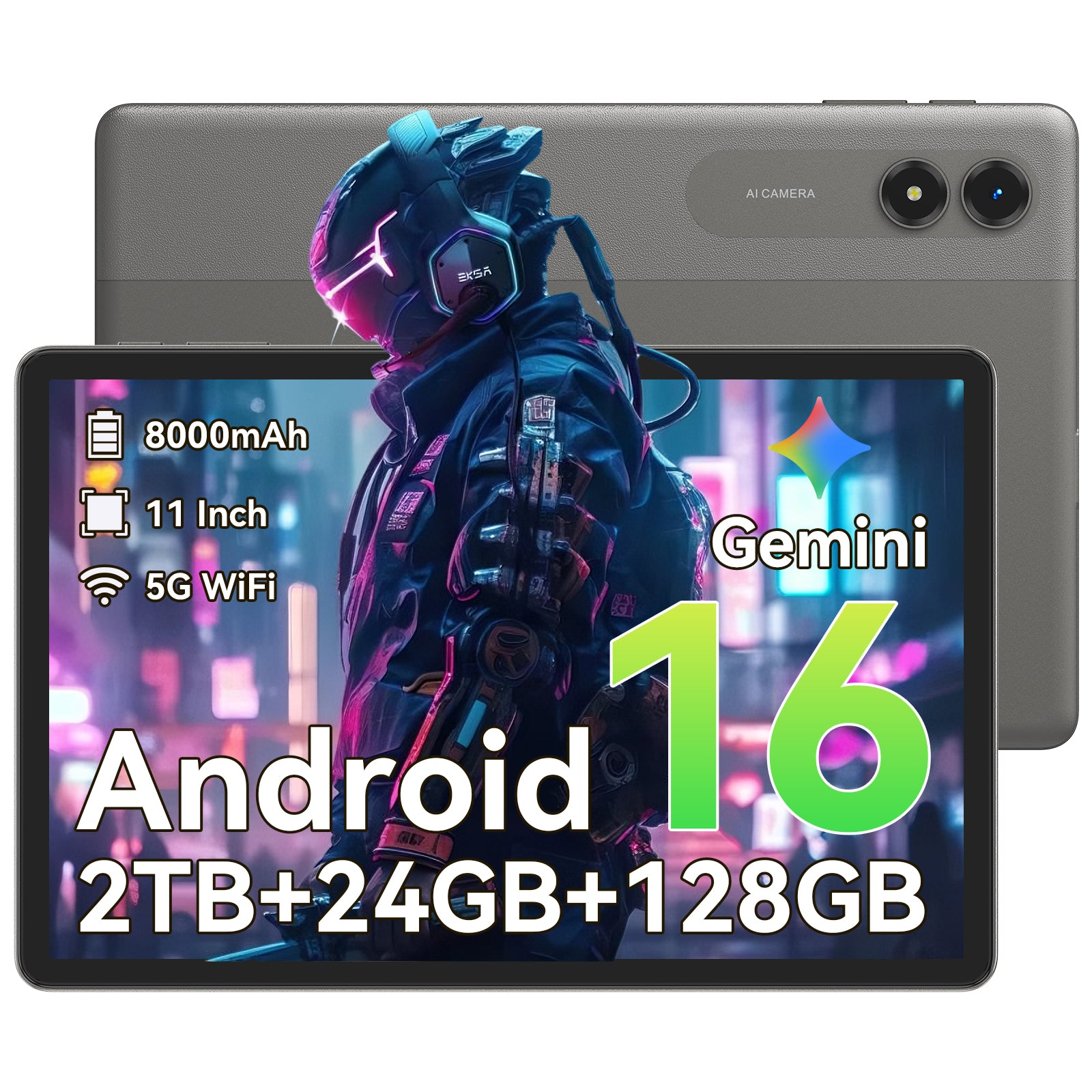 Android 16 AI Tablet,11 Inch Tablet with 24GB RAM 128GB ROM,Octa-Core T7250 Processor,90Hz Display,8000mAh Battery with Fast Charging & OTG Reverse Charge,Gemini AI Tablets