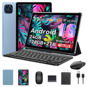 Tablet 2026 Android 16 AI-tablet med Gemini AI, 11 tommer FHD-skærm, 24GB RAM, 128GB ROM / 2TB TF, T7250 CPU + 13MP kamera, 8000mAh, Widevine L1, 2-i-1 tablet med tastatur, mus og stylus, blå