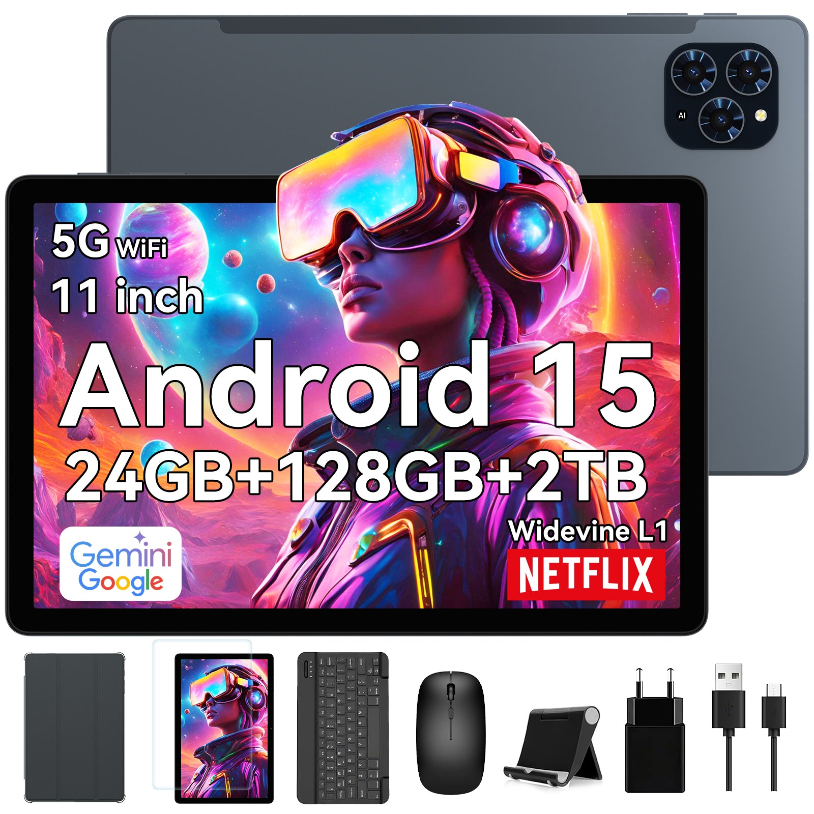 Tablet 2026 Android 16 AI Tablet with Gemini AI, 11 Inch FHD Display, 24GB RAM 128GB ROM /2TB TF, T7250 CPU+13MP Camera, 8000mAh, Widevine L1, 2 in 1 Tablets with Keyboard Mouse Stylus, Blue