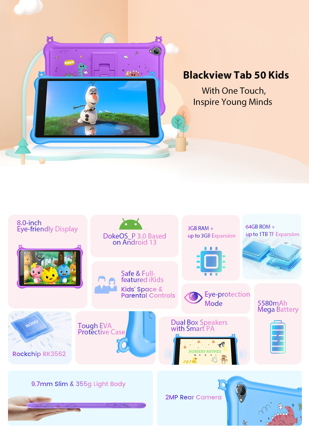 Blackview Tab 50 WIFI Tablet PC 8'' HD Display 4GB 128GB 5580mAh Battery  RK3562 Quad Core
